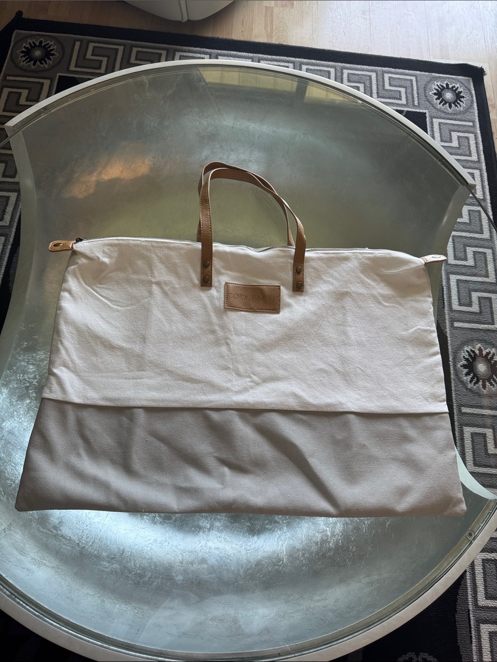 Canvas Two-Tone White and Light Gray Bedding Tote with Tan Leather Handles